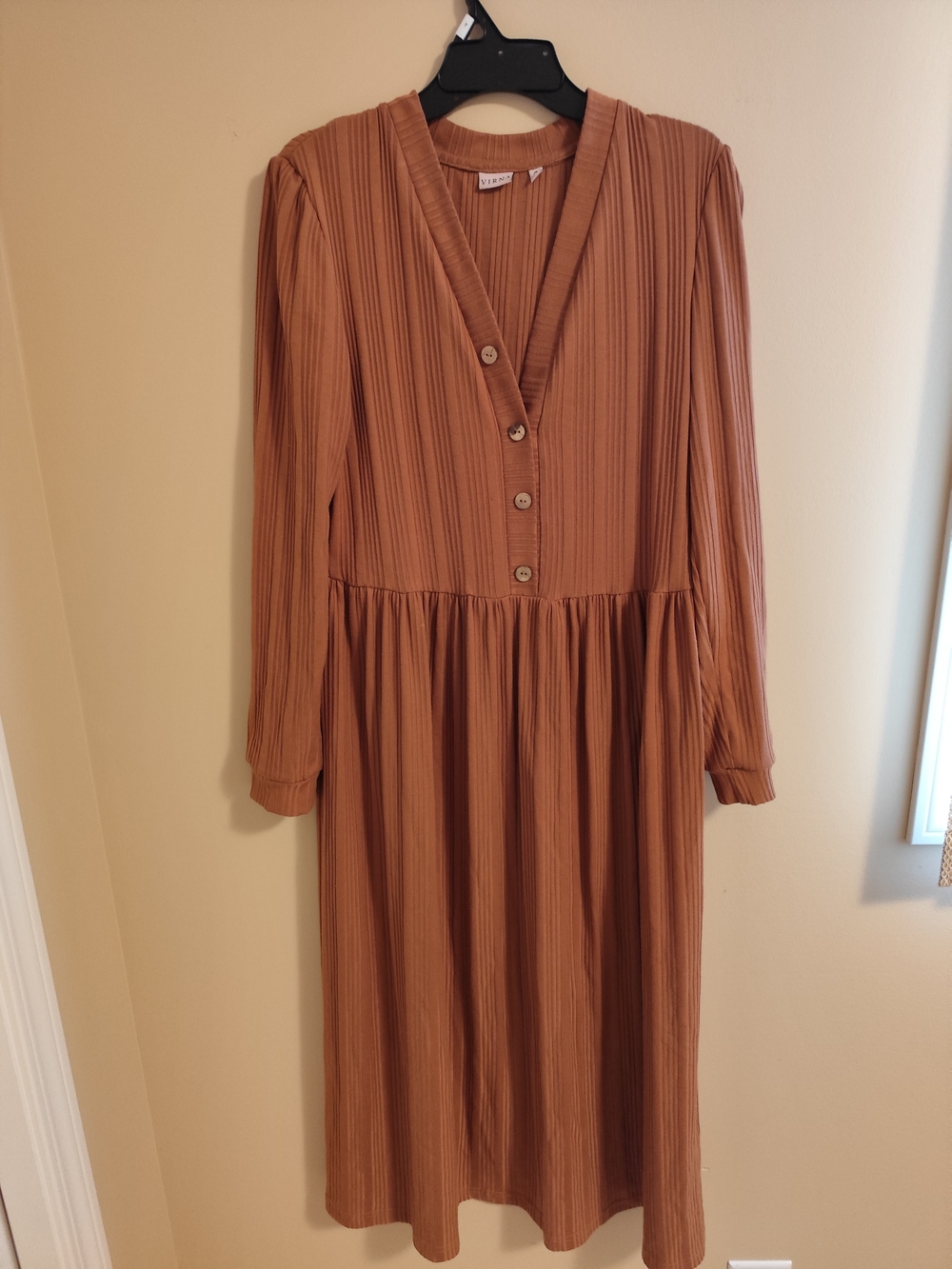 Rust Midi Button-Front V-Neck Dress